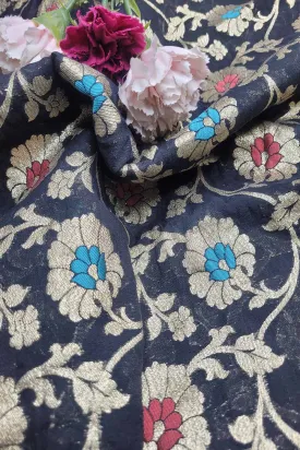 Black Banarasi Chanderi Silk Meenakari Fabric ( 1 Mtr )