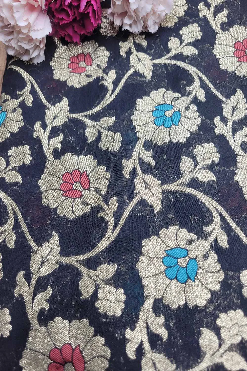 Black Banarasi Chanderi Silk Meenakari Fabric ( 1 Mtr )