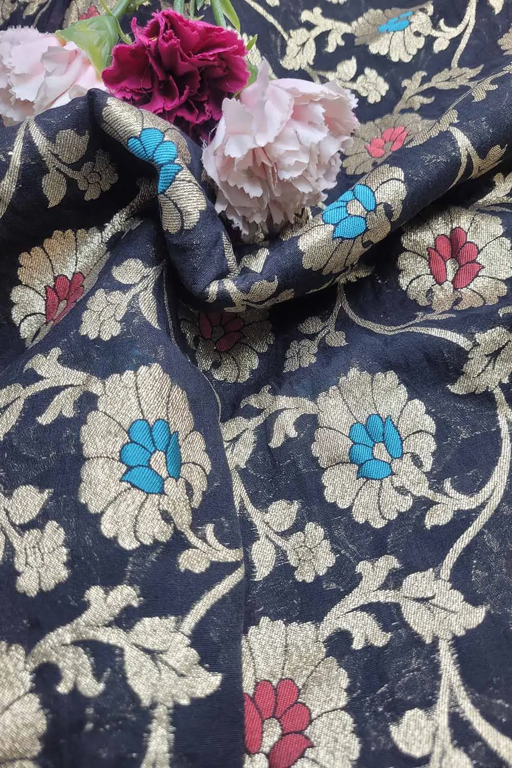 Black Banarasi Chanderi Silk Meenakari Fabric ( 1 Mtr )
