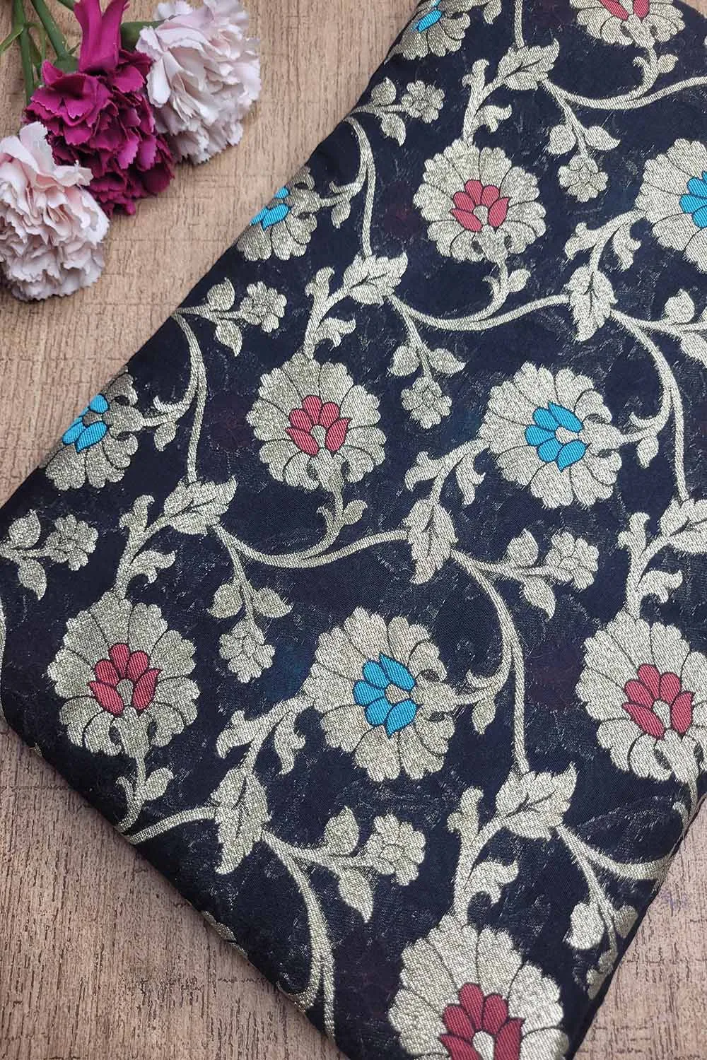 Black Banarasi Chanderi Silk Meenakari Fabric ( 1 Mtr )