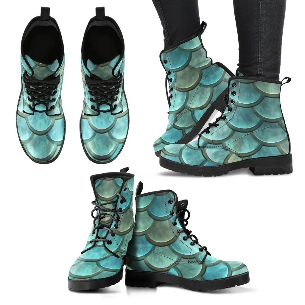 Combat Boots - Green Mermaid | Boho Shoes, Handmade Lace Up Boots, Vegan Leather Lace Up Boots Women, 90s Boots, 2000s Boots