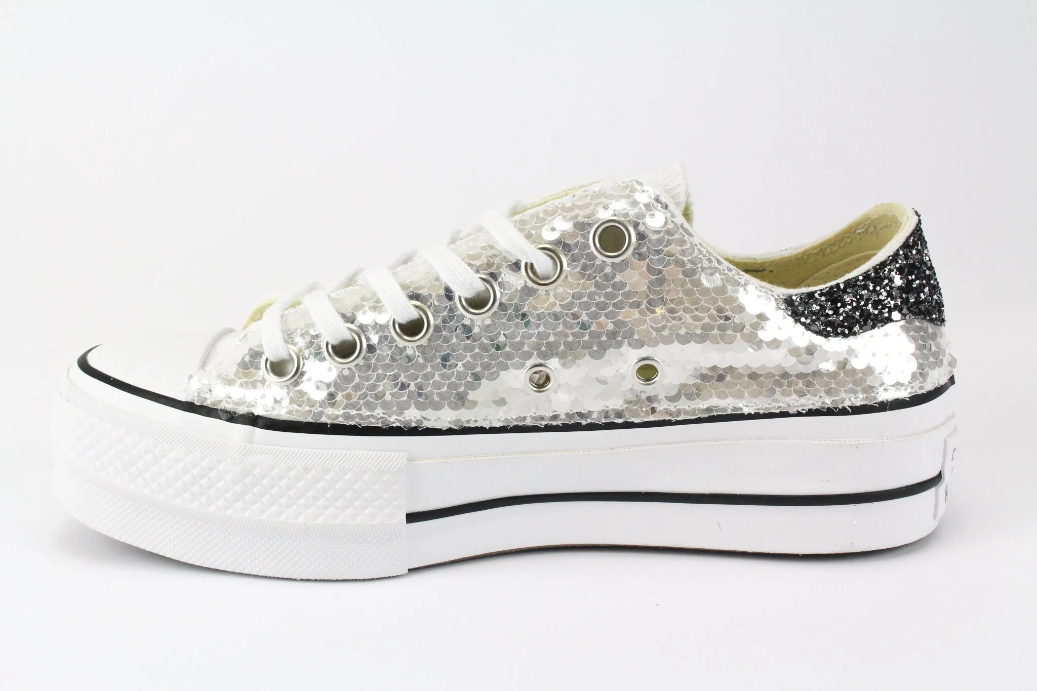Converse All Star Platform Bassa Silver Paillettes & Black Silver Glitter