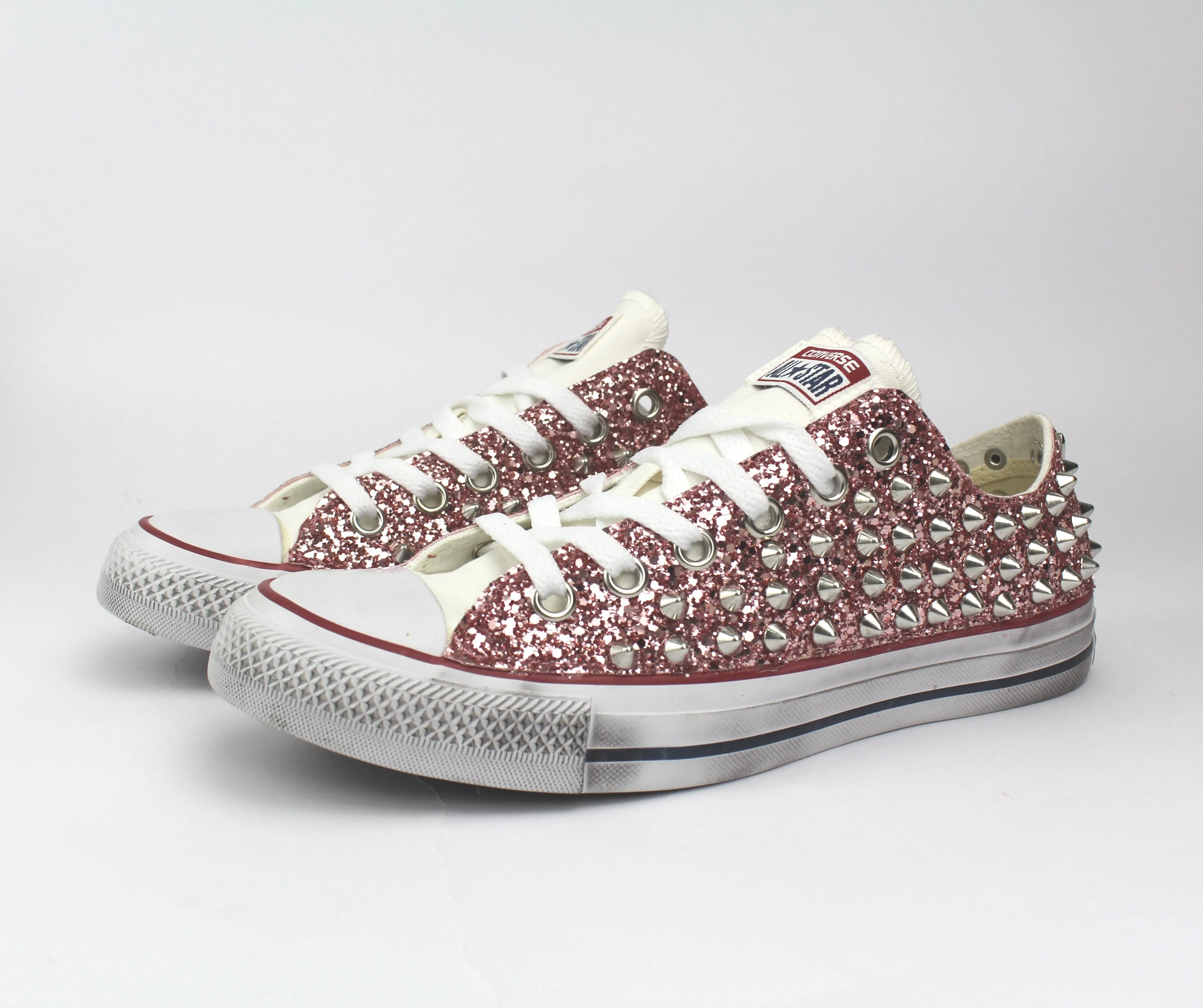 Converse All Star White bassa Glitter Pink & Borchie