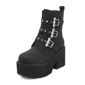 Edgy Black Goth Boots with Bat Buckle - Rugged Sole Ankle Booties