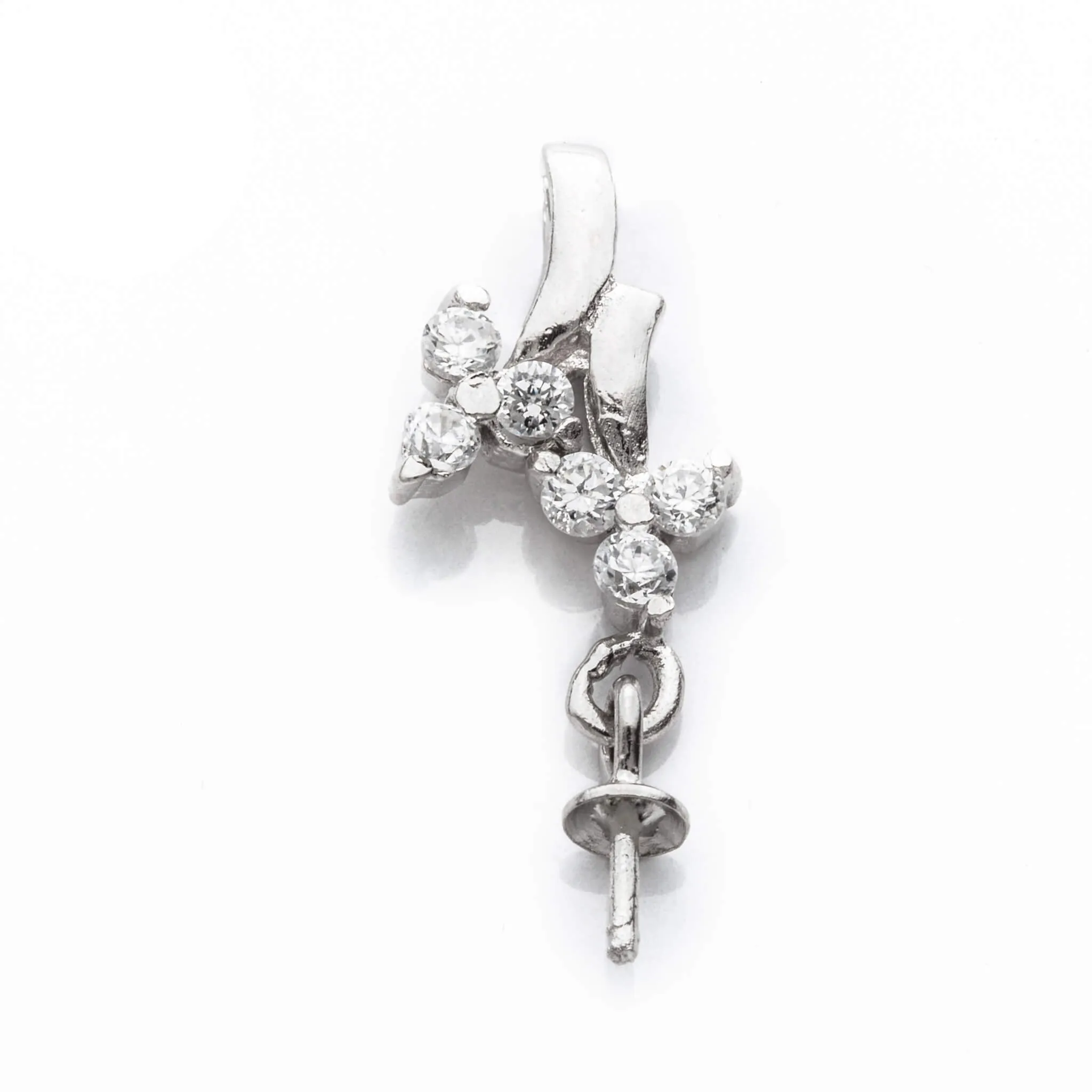 Floral Bail with Cup & Peg Pearl Mounting and CZ's in Rhodium Plated Sterling Silver 21x8.3x3.7mm