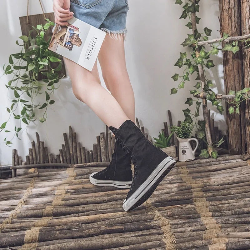 Funki Buys | Boots | Women's Calf-High Flat Canvas Sneakers