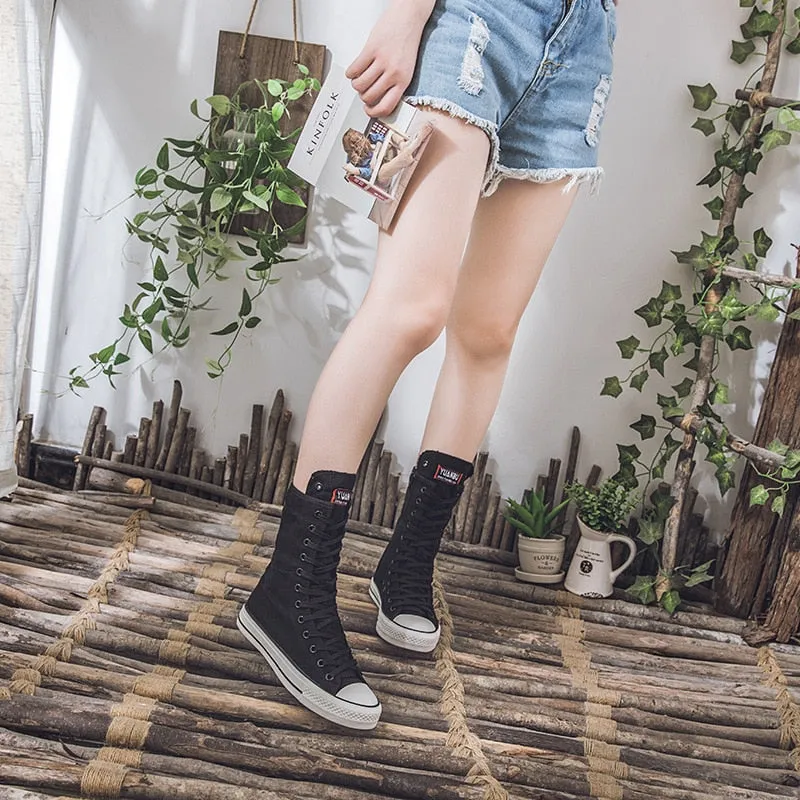 Funki Buys | Boots | Women's Calf-High Flat Canvas Sneakers