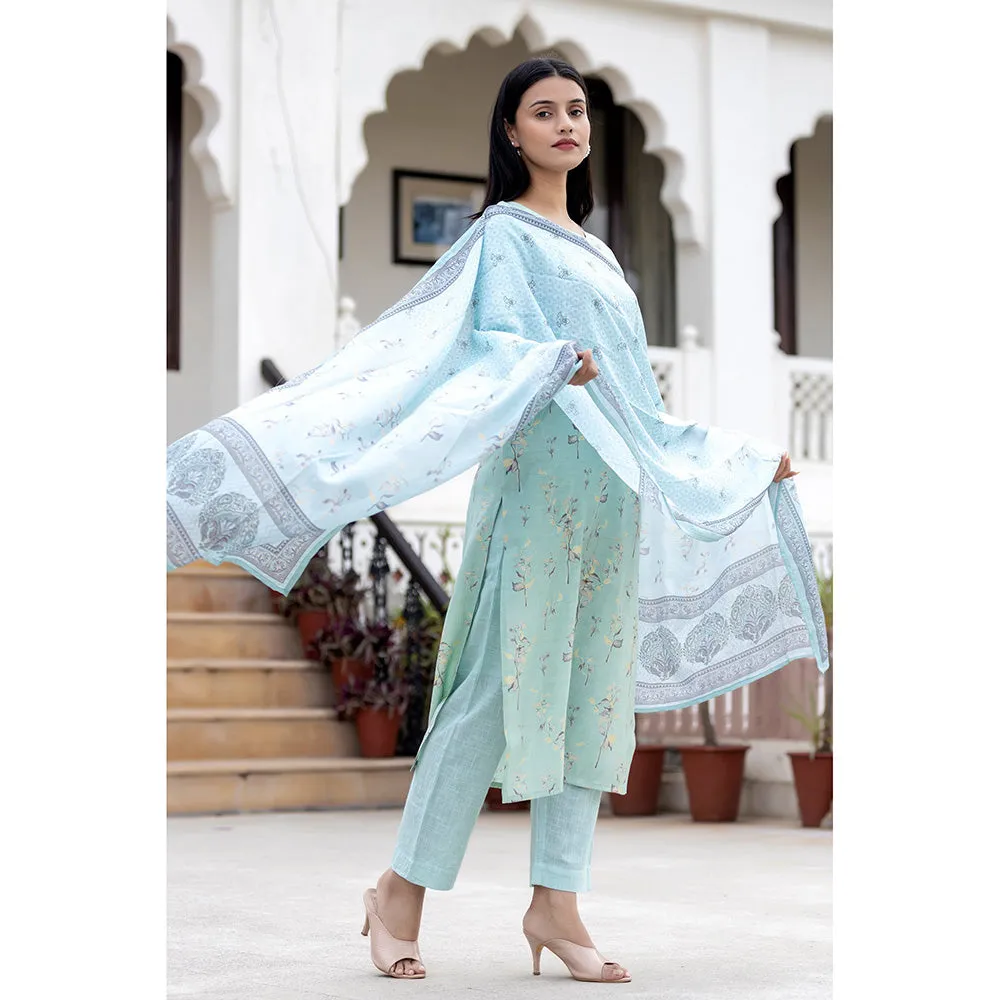 KAAJH Sky Blue Printed Modal Silk Suit (Set of 3)