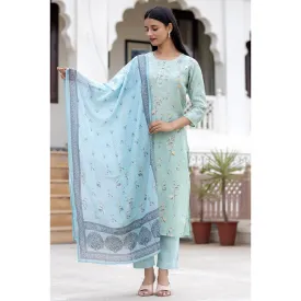 KAAJH Sky Blue Printed Modal Silk Suit (Set of 3)