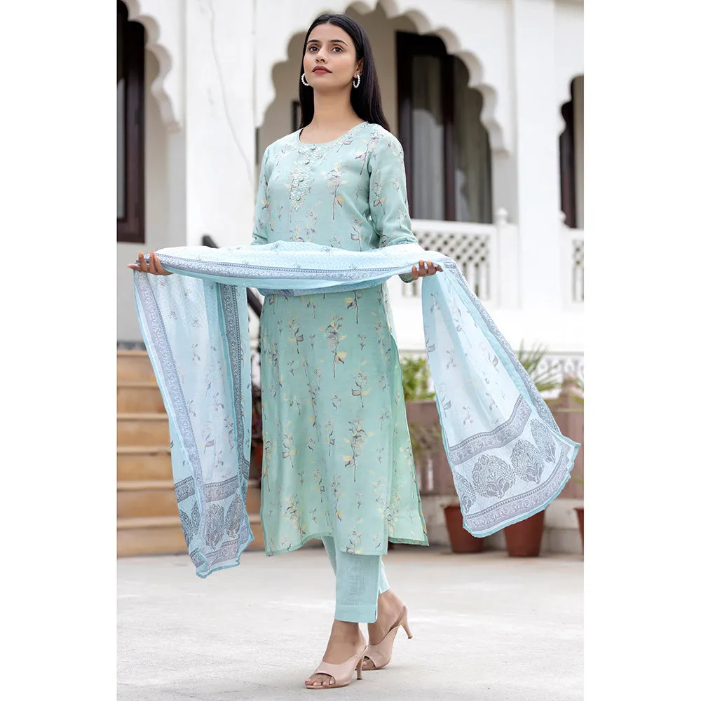 KAAJH Sky Blue Printed Modal Silk Suit (Set of 3)