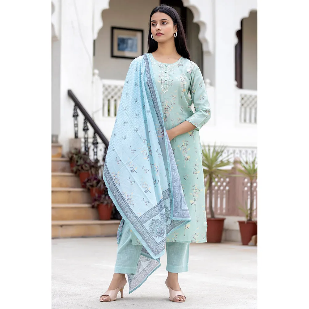 KAAJH Sky Blue Printed Modal Silk Suit (Set of 3)