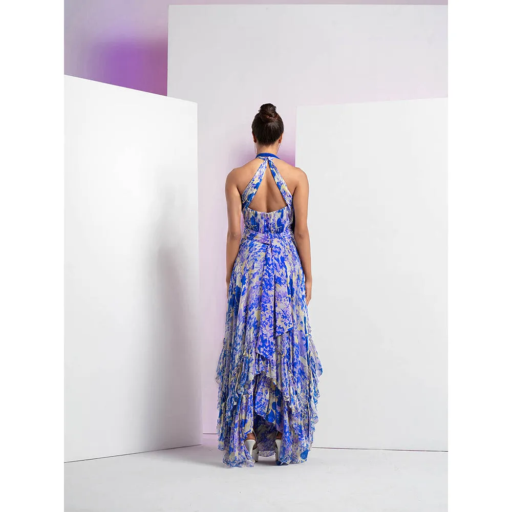 MANDIRA WIRK Pancy Daisy Printed Asymmetrical Frill Dress with Solid Blue Neck Extension
