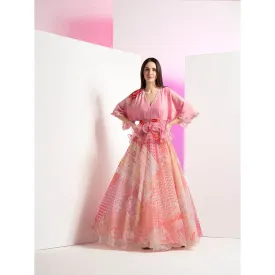 MANDIRA WIRK Patchy Floral Peplum Pink Long Gown with Embroidered Belt