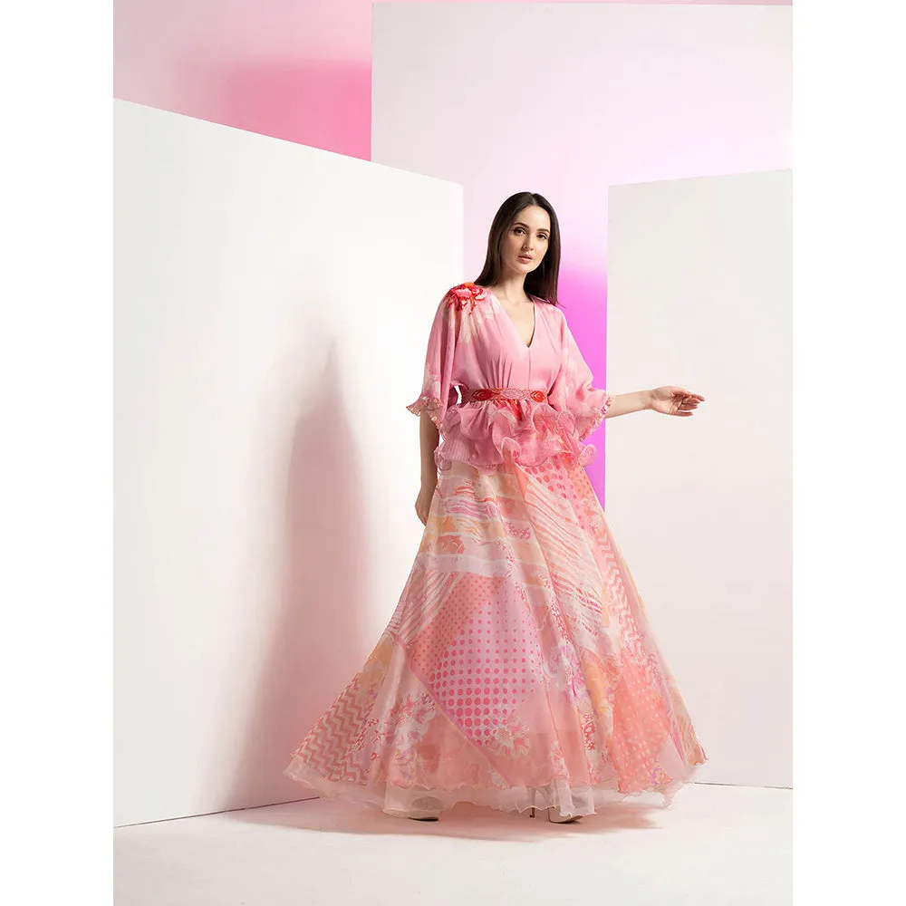 MANDIRA WIRK Patchy Floral Peplum Pink Long Gown with Embroidered Belt