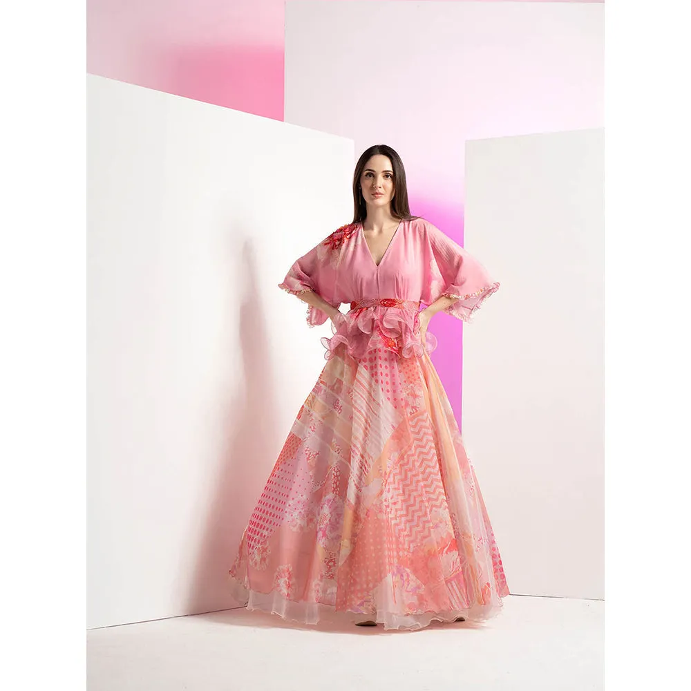 MANDIRA WIRK Patchy Floral Peplum Pink Long Gown with Embroidered Belt