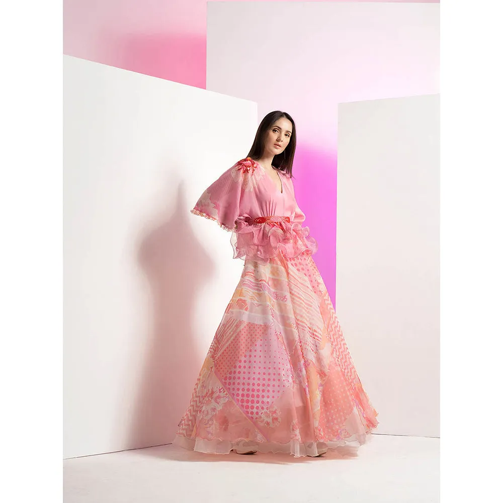MANDIRA WIRK Patchy Floral Peplum Pink Long Gown with Embroidered Belt