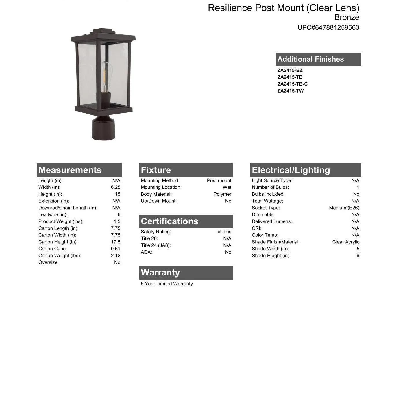 Resilience 1 Light Post Mount in Bronze