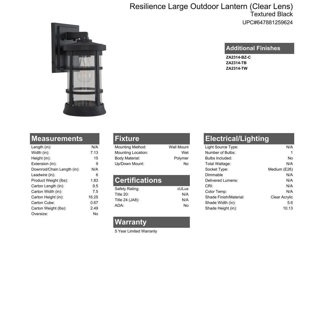 Resilience Large Outdoor Lantern in Textured Black, Clear Lens