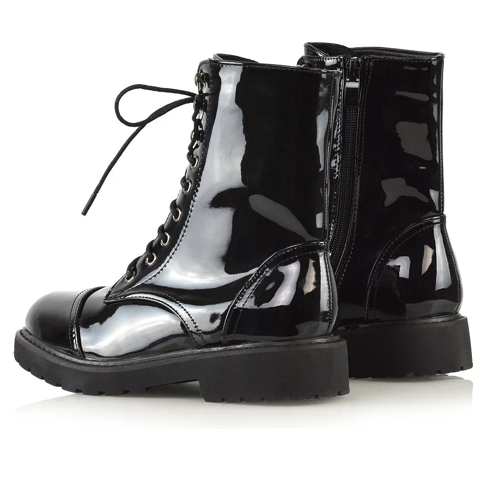 River Lace Up Military Combat Zip-up Flat Ankle Biker Boots In Black Patent