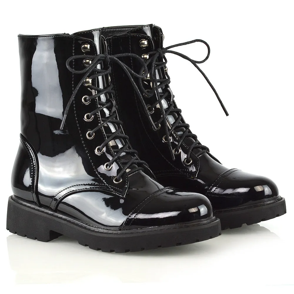 River Lace Up Military Combat Zip-up Flat Ankle Biker Boots In Black Patent