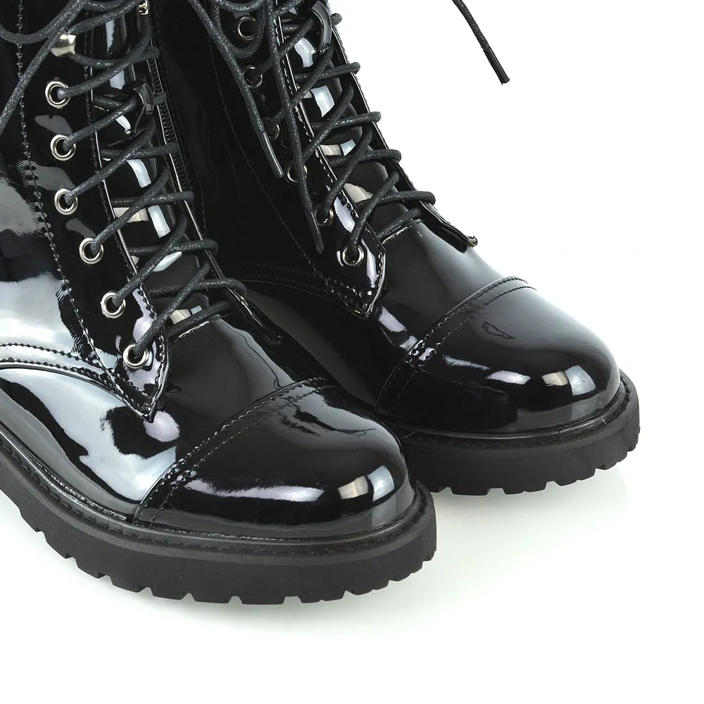 River Lace Up Military Combat Zip-up Flat Ankle Biker Boots In Black Patent