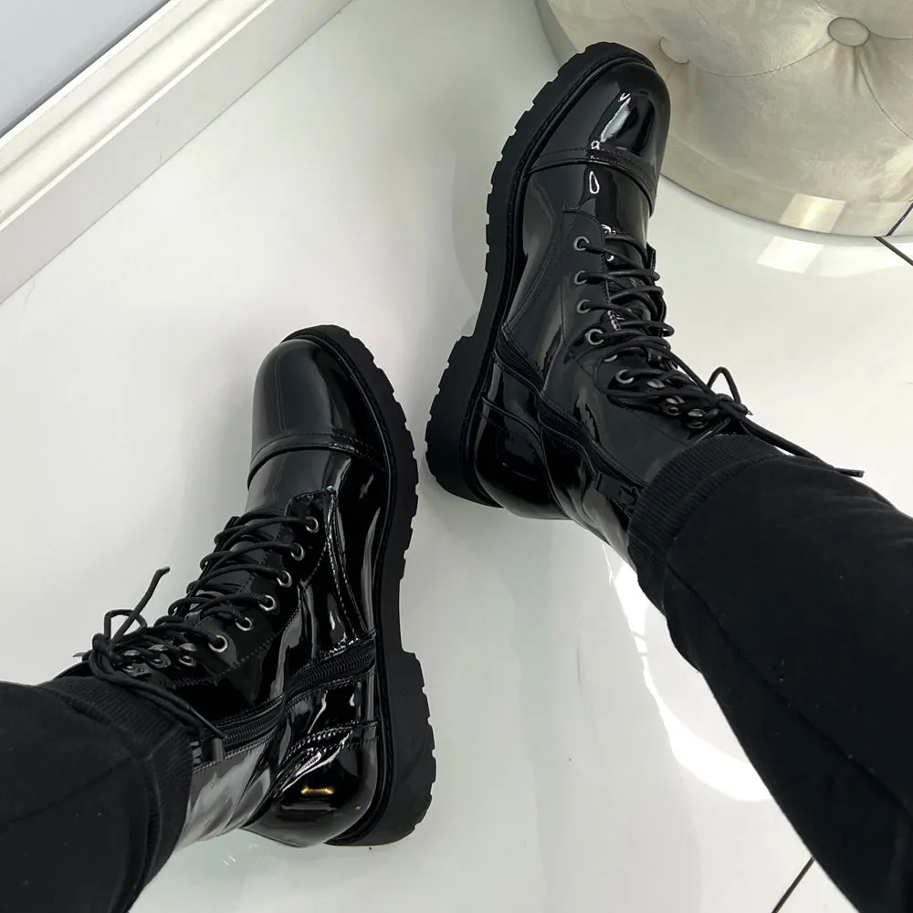 River Lace Up Military Combat Zip-up Flat Ankle Biker Boots In Black Patent