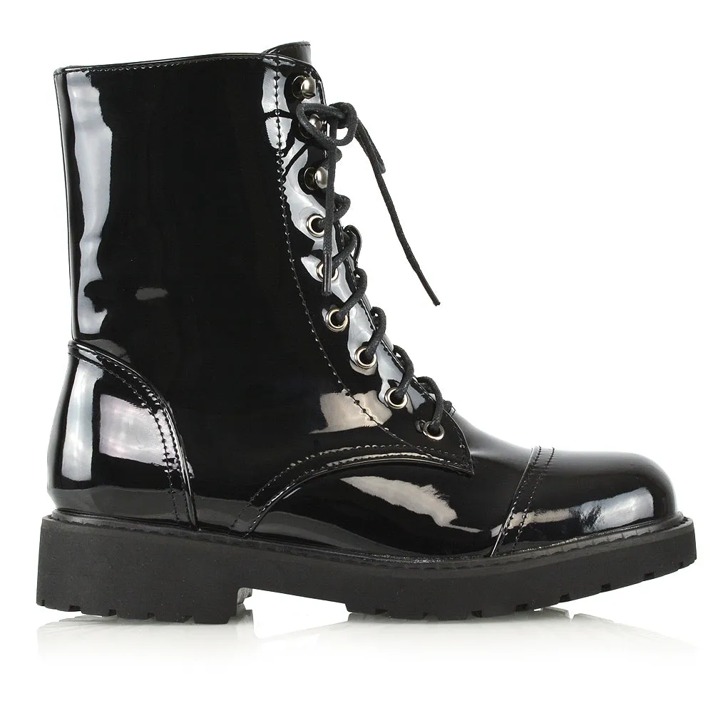 River Lace Up Military Combat Zip-up Flat Ankle Biker Boots In Black Patent
