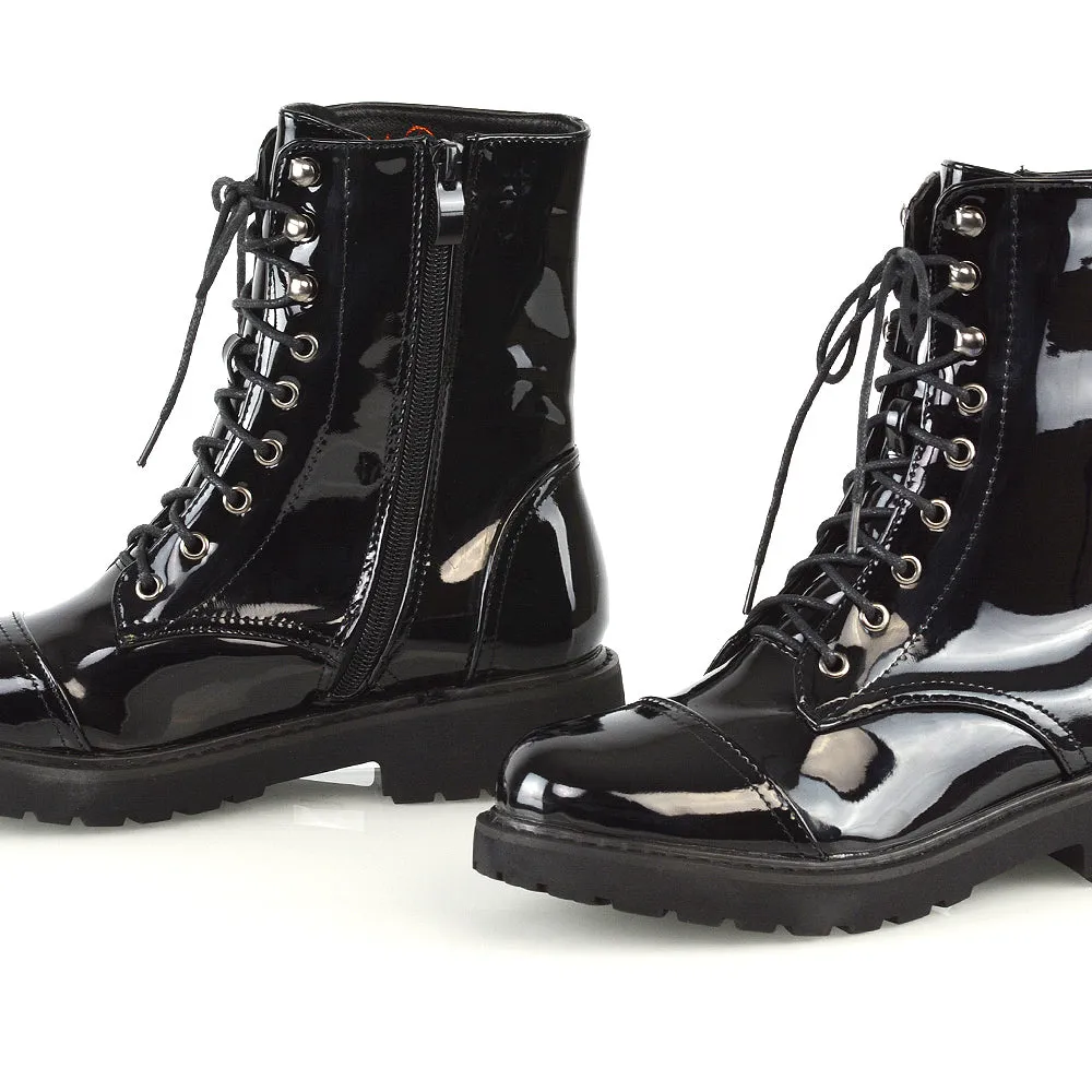 River Lace Up Military Combat Zip-up Flat Ankle Biker Boots In Black Patent