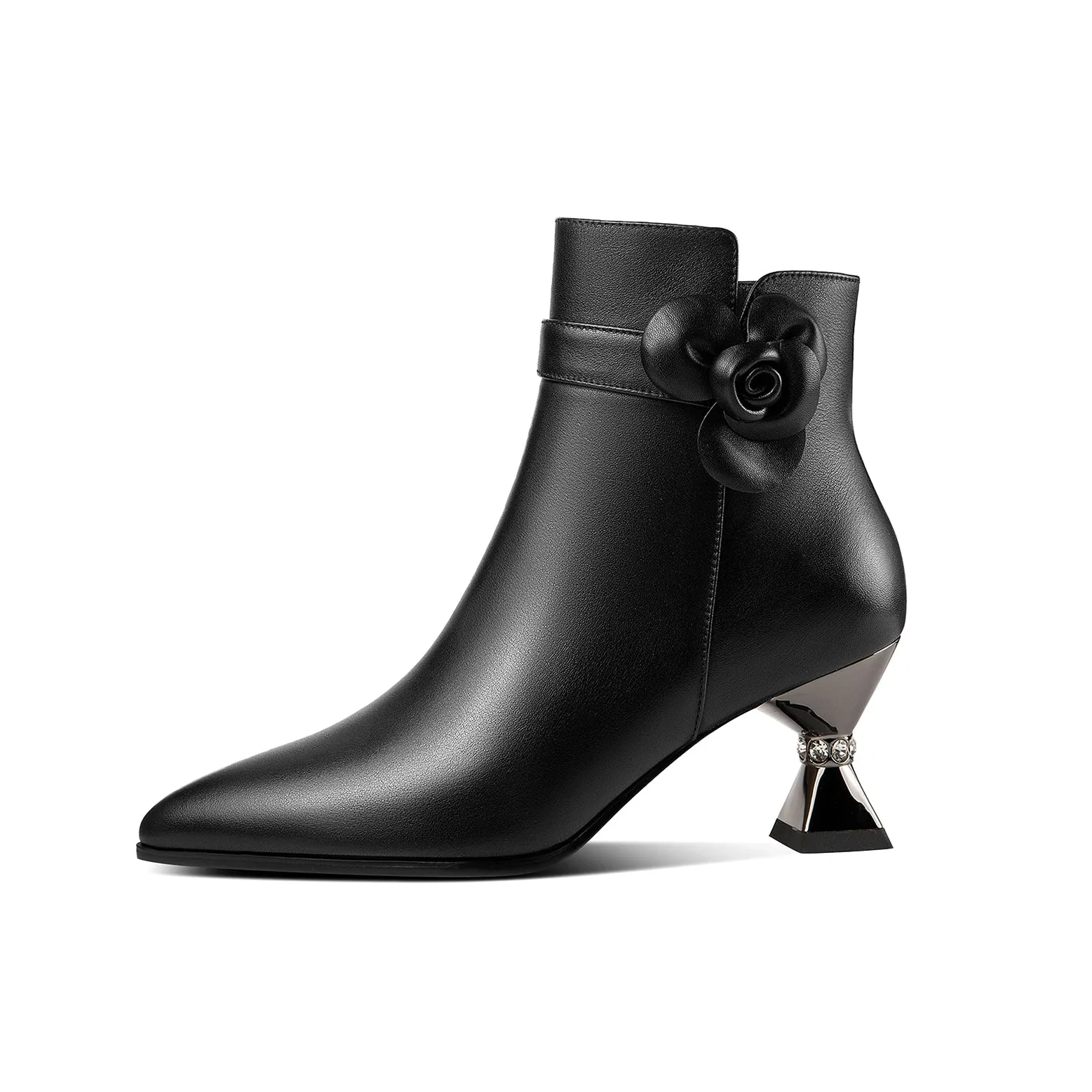TinaCus Handmade Women's Genuine Leather Floral Decor Pointed Toe Side Zipper Mid Spool Heel Ankle Boots