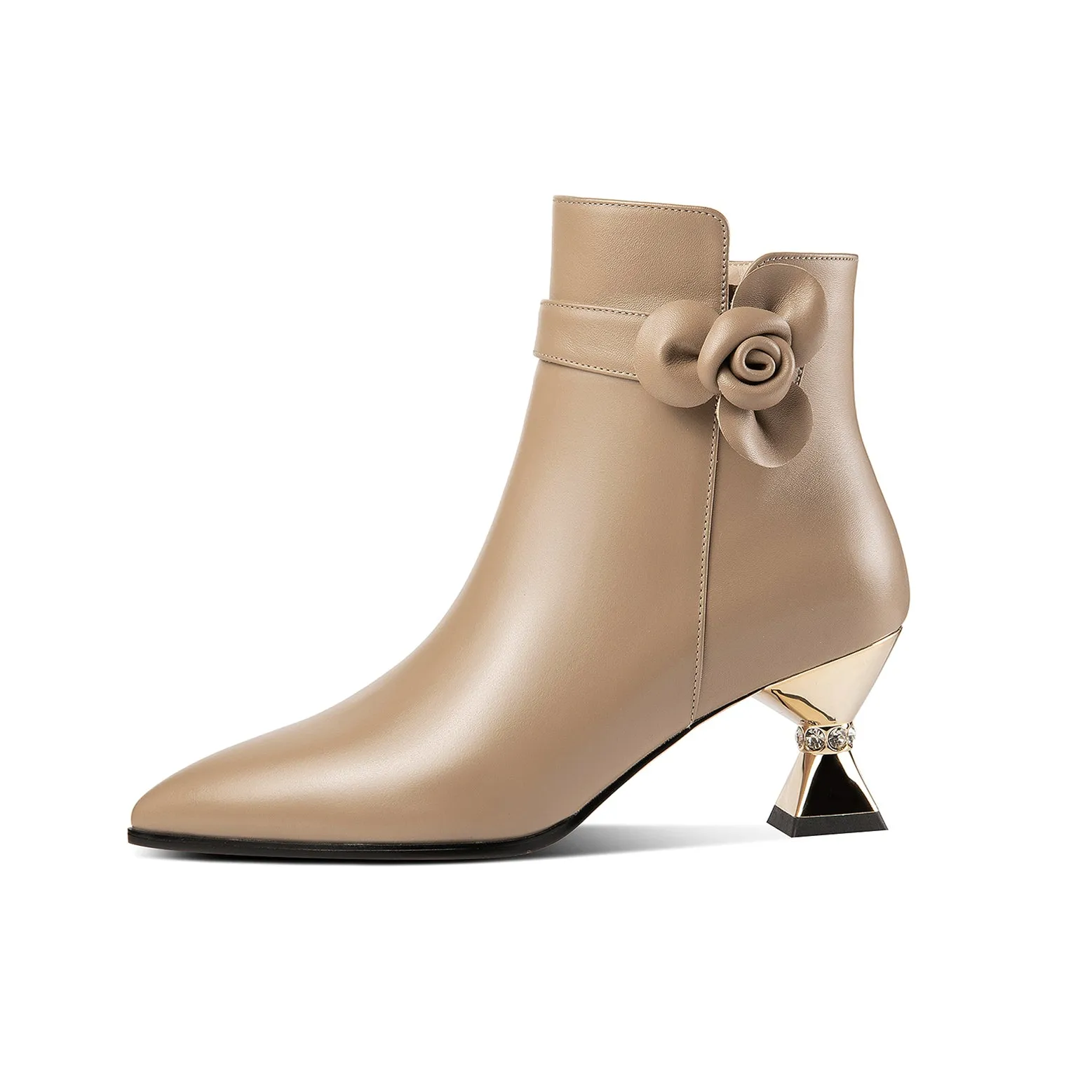 TinaCus Handmade Women's Genuine Leather Floral Decor Pointed Toe Side Zipper Mid Spool Heel Ankle Boots