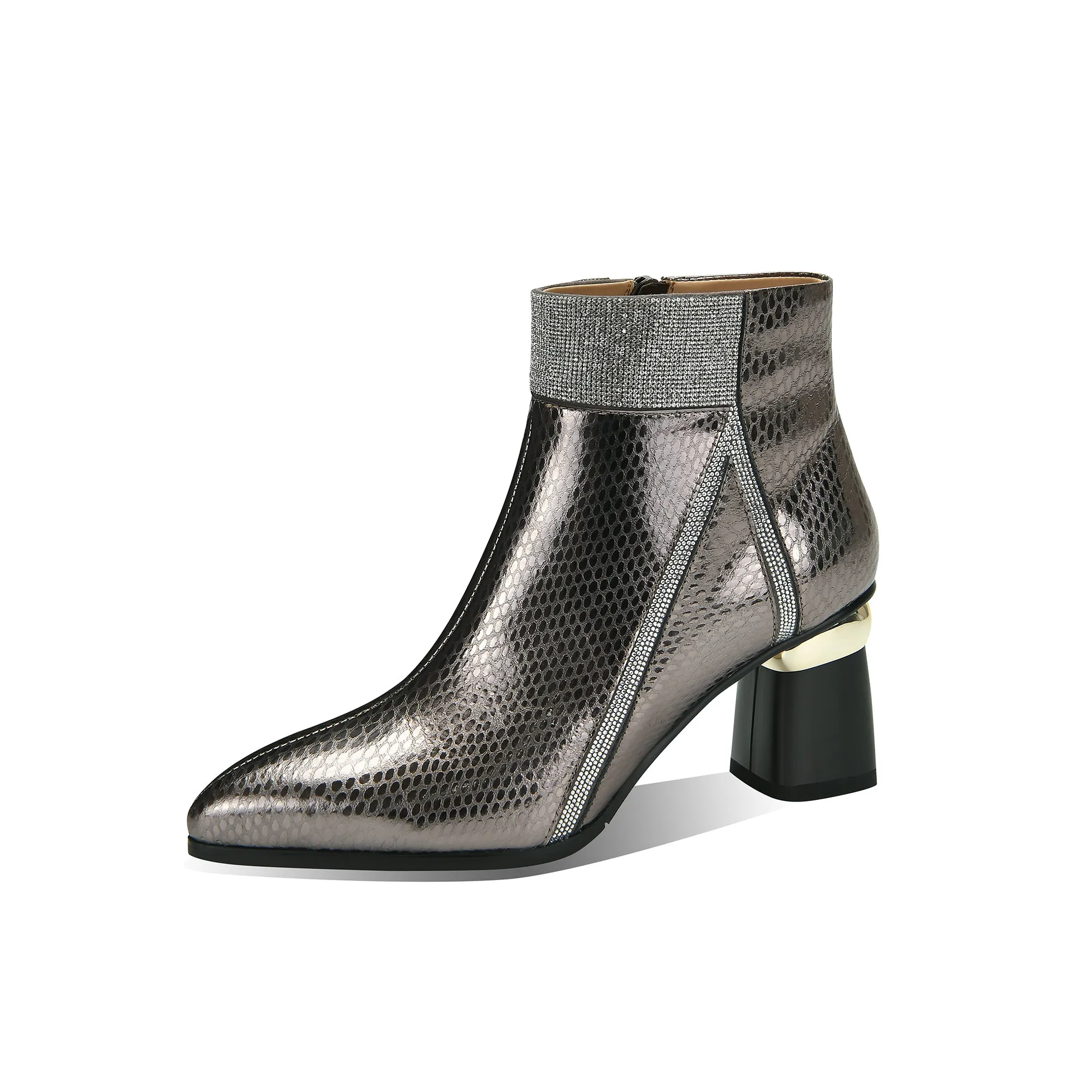 TinaCus Handmade Women's Genuine Leather Printed Glossy Side Zipper Pointed Toe Mid Chunky Heel Ankle Boots