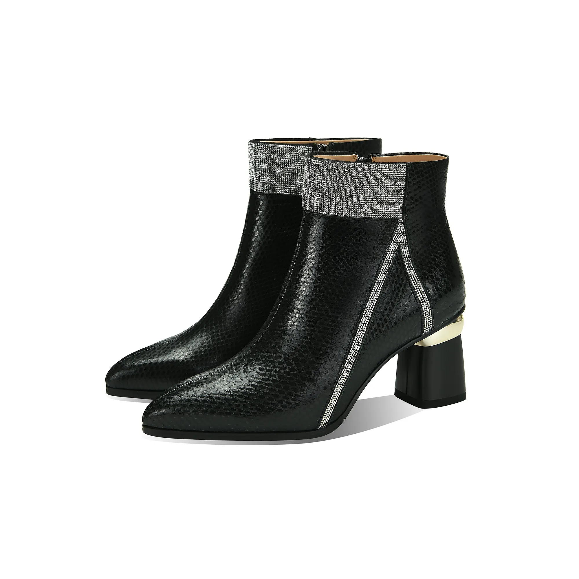 TinaCus Handmade Women's Genuine Leather Printed Glossy Side Zipper Pointed Toe Mid Chunky Heel Ankle Boots