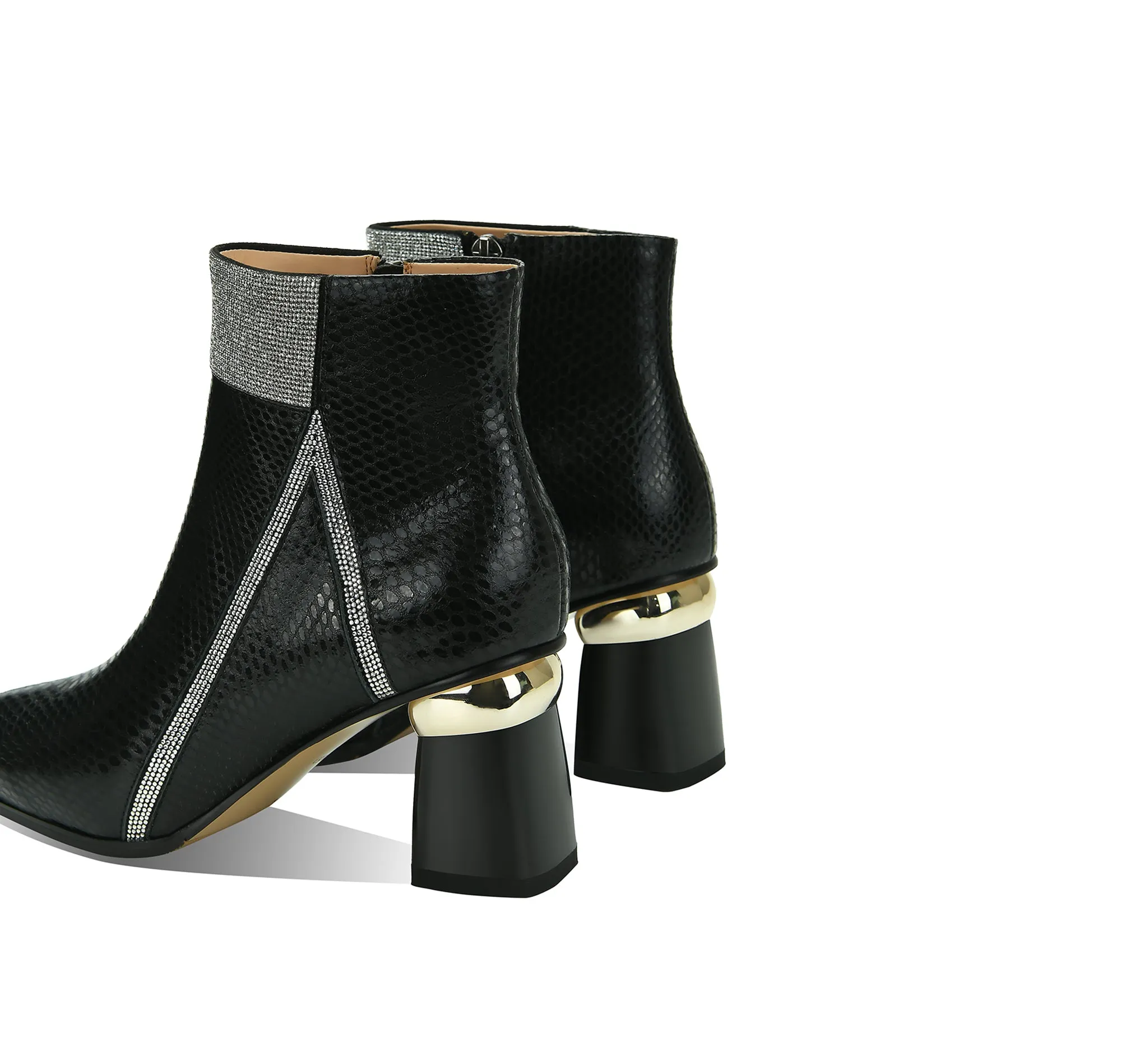 TinaCus Handmade Women's Genuine Leather Printed Glossy Side Zipper Pointed Toe Mid Chunky Heel Ankle Boots