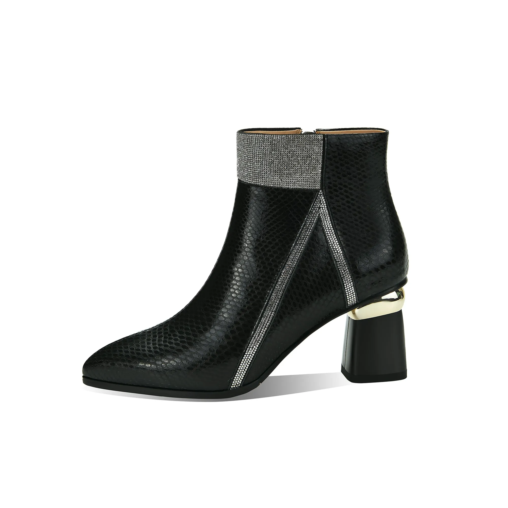 TinaCus Handmade Women's Genuine Leather Printed Glossy Side Zipper Pointed Toe Mid Chunky Heel Ankle Boots