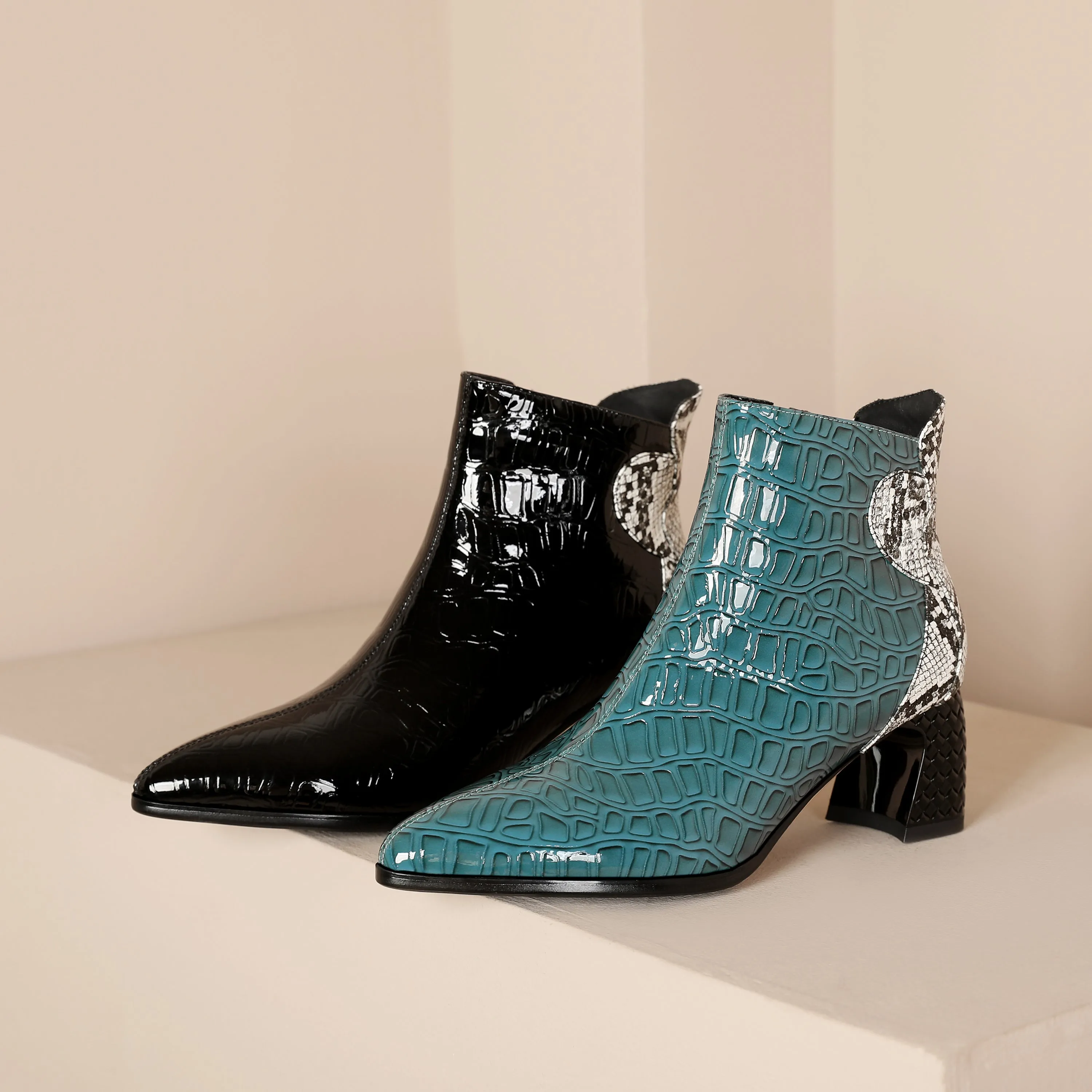 TinaCus Handmade Women's Patent Leather Patchwork Color Snakeskin Pointed Toe Side Zipper Mid Block Heel Ankle Boots Shoes