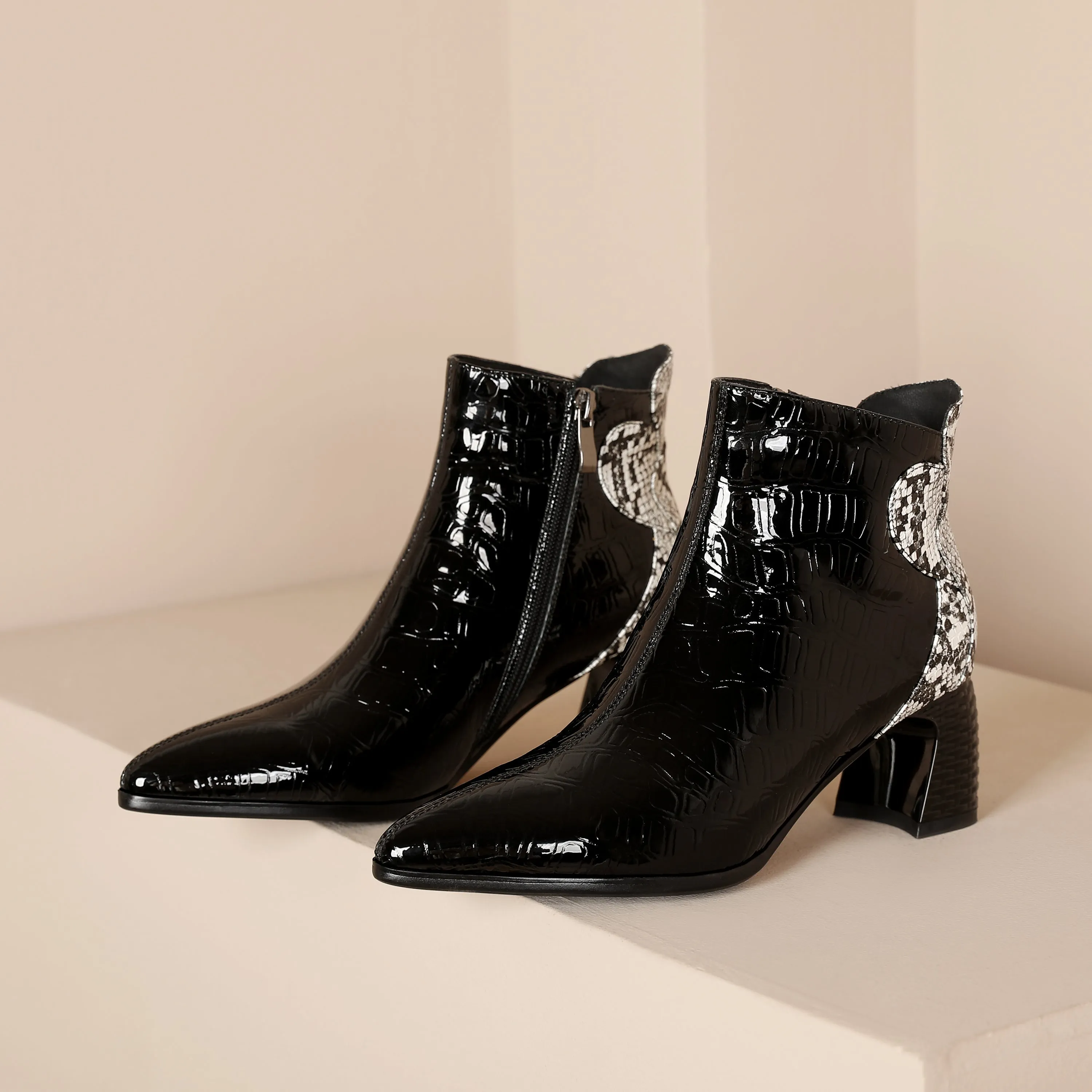 TinaCus Handmade Women's Patent Leather Patchwork Color Snakeskin Pointed Toe Side Zipper Mid Block Heel Ankle Boots Shoes