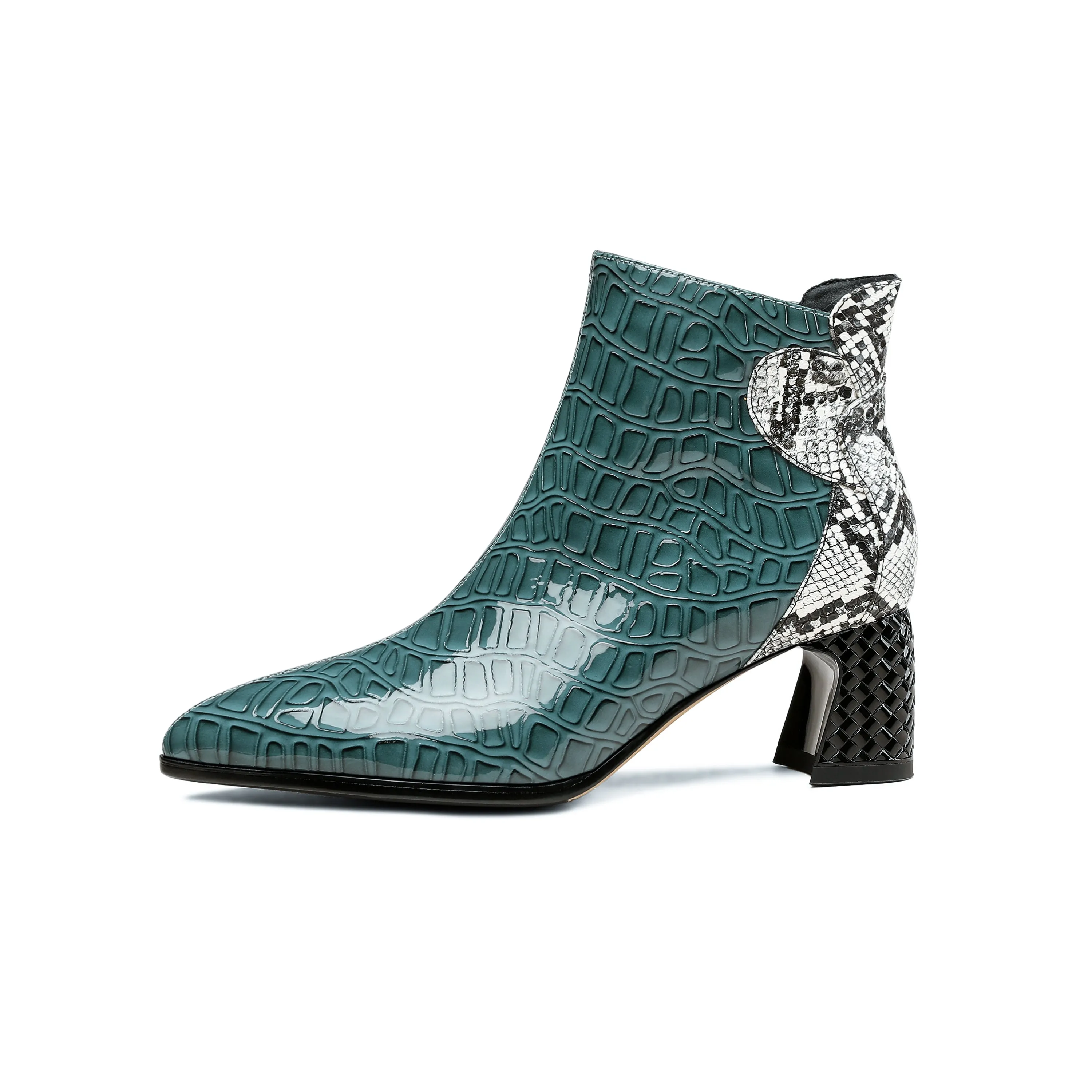 TinaCus Handmade Women's Patent Leather Patchwork Color Snakeskin Pointed Toe Side Zipper Mid Block Heel Ankle Boots Shoes