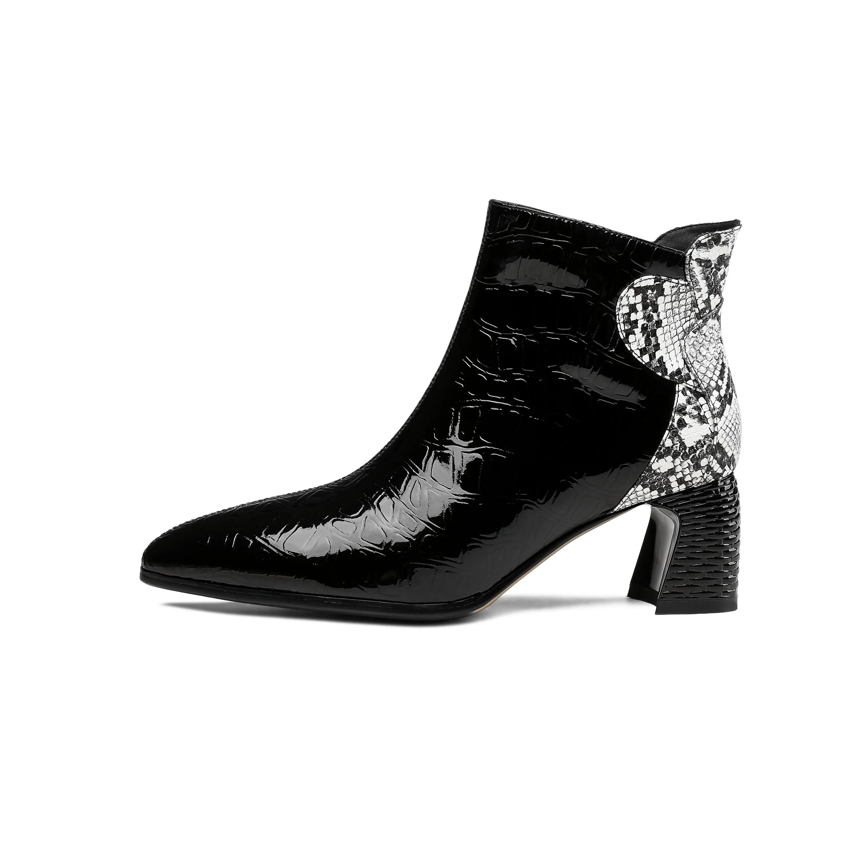 TinaCus Handmade Women's Patent Leather Patchwork Color Snakeskin Pointed Toe Side Zipper Mid Block Heel Ankle Boots Shoes