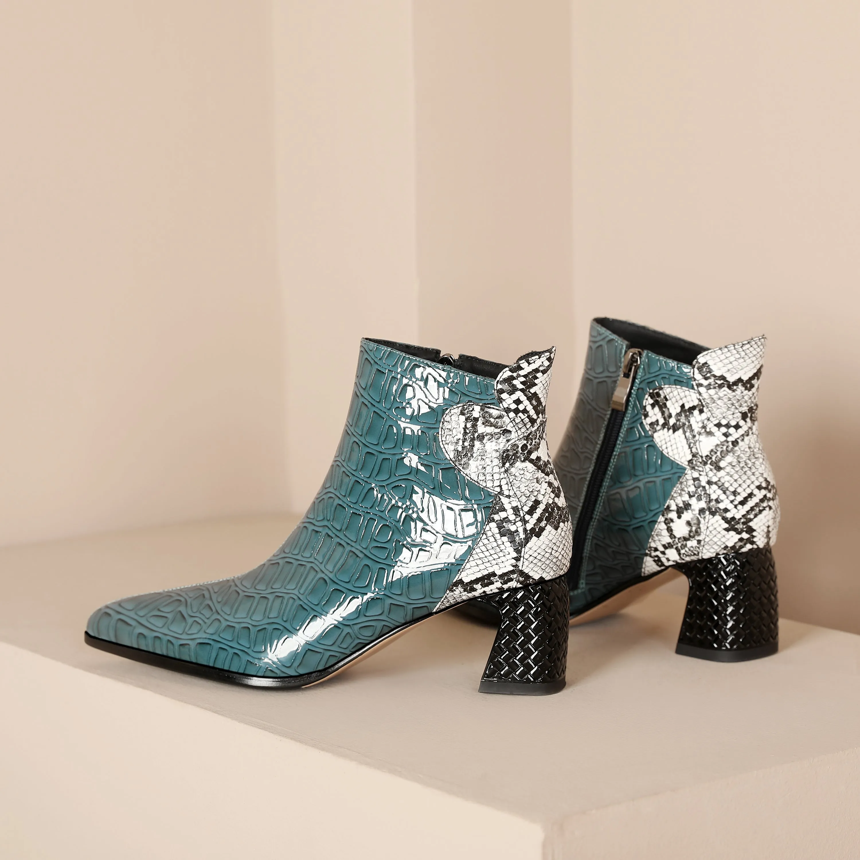 TinaCus Handmade Women's Patent Leather Patchwork Color Snakeskin Pointed Toe Side Zipper Mid Block Heel Ankle Boots Shoes