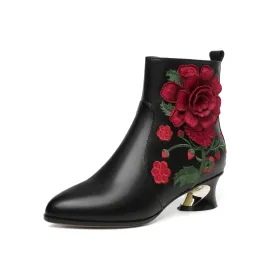 TinaCus Handmade Women's Suede Leather Ethnic Embroidered Embossed Floral Pointed Toe Low Chunky Heel Side Zipper Ankle Boots Shoes