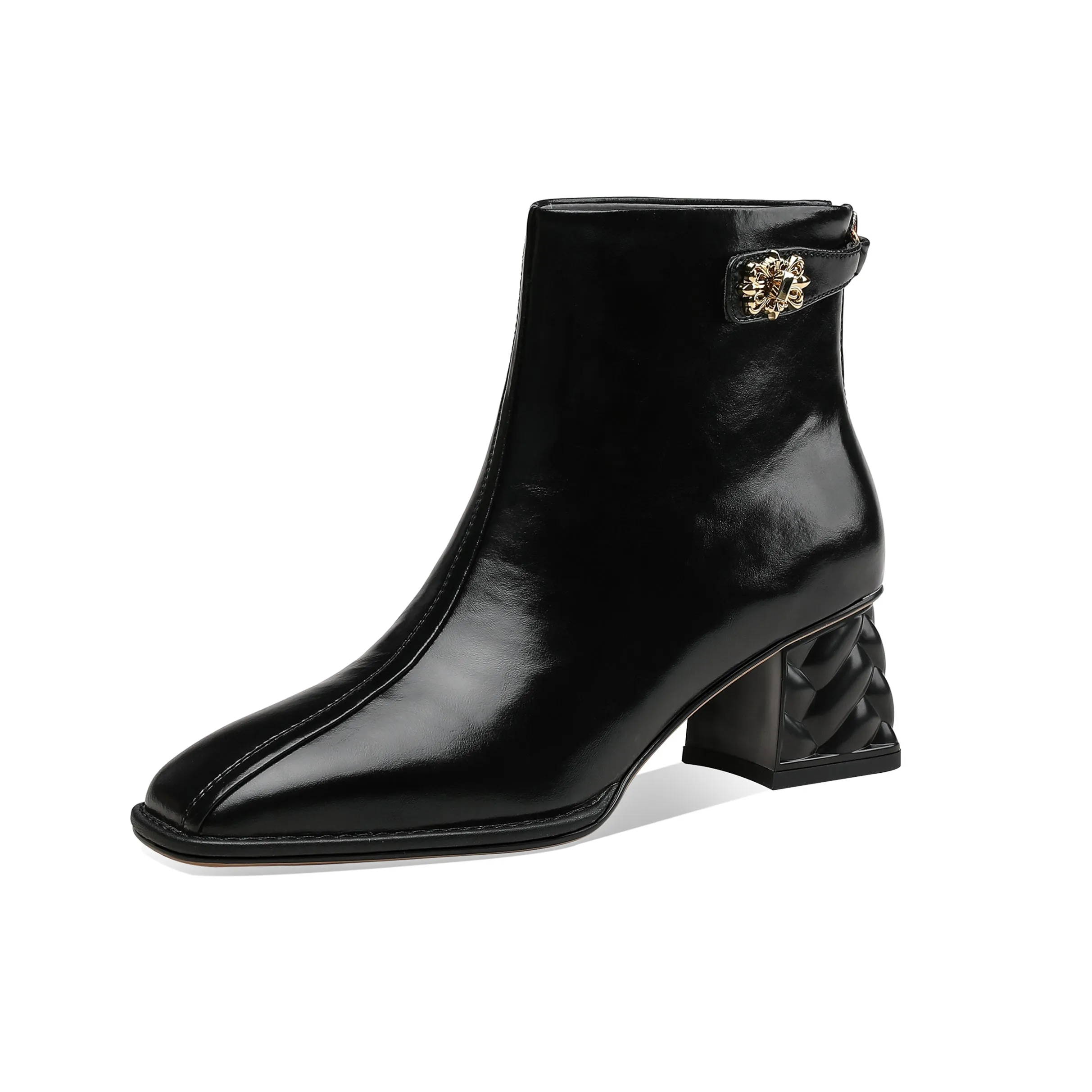 TinaCus Women's Genuine Leather Square Toe Handmade Buckled Zipper Mid Chunky Heels Trendy Ankle Boots