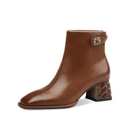 TinaCus Women's Genuine Leather Square Toe Handmade Buckled Zipper Mid Chunky Heels Trendy Ankle Boots