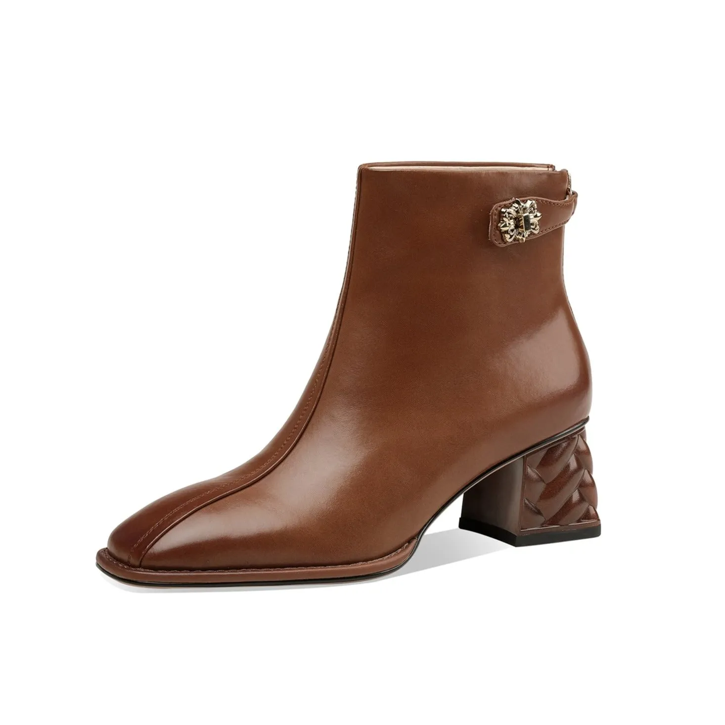 TinaCus Women's Genuine Leather Square Toe Handmade Buckled Zipper Mid Chunky Heels Trendy Ankle Boots