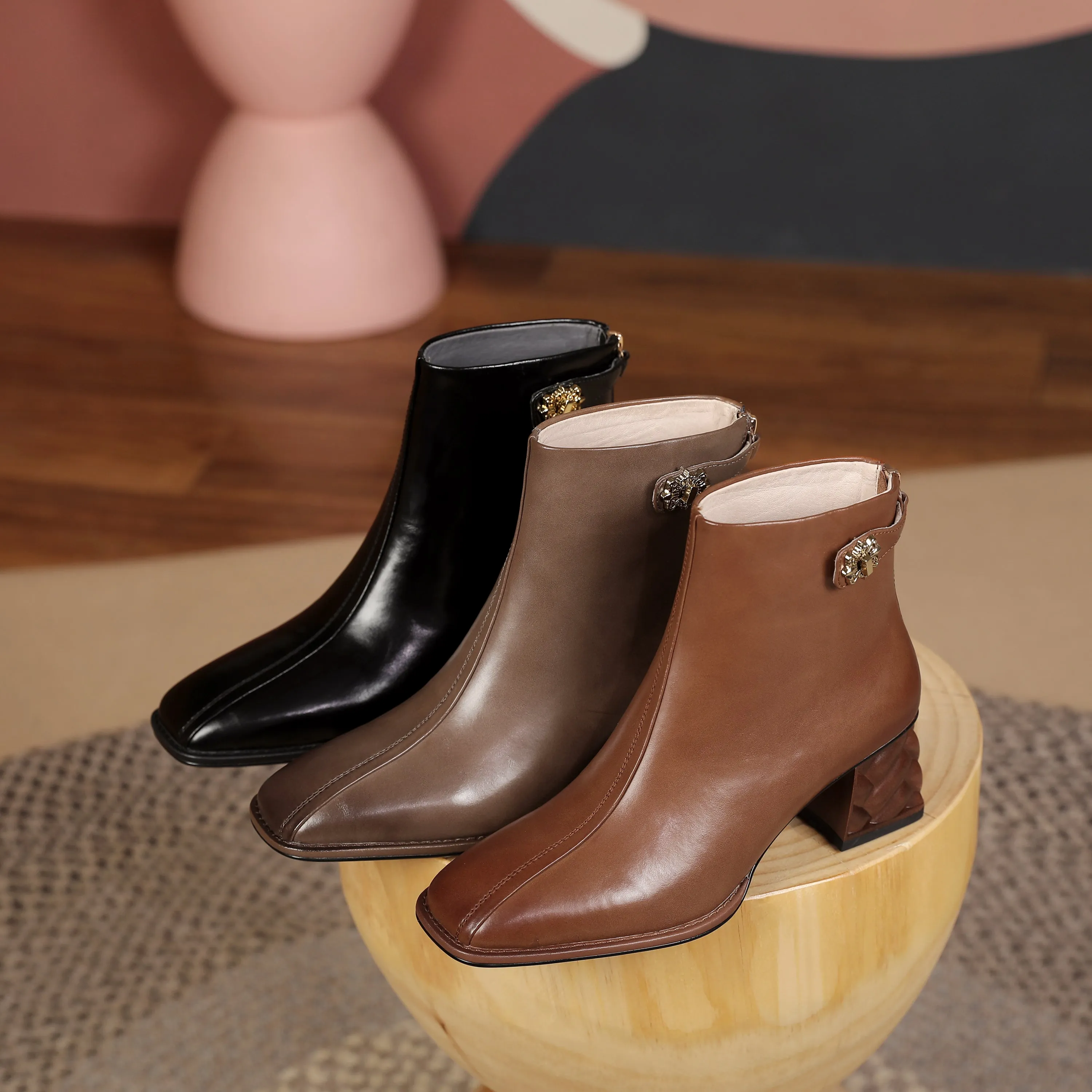 TinaCus Women's Genuine Leather Square Toe Handmade Buckled Zipper Mid Chunky Heels Trendy Ankle Boots