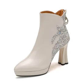 TinaCus Women's Handmade Genuine Leather Glitter Pattern High Heel Platform Zip Up Ankle Boots