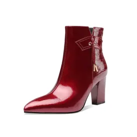 TinaCus Women's Patent Leather Handmade Chunky Heel Pointed Toe Side Zip Up Glossy Ankle Booties
