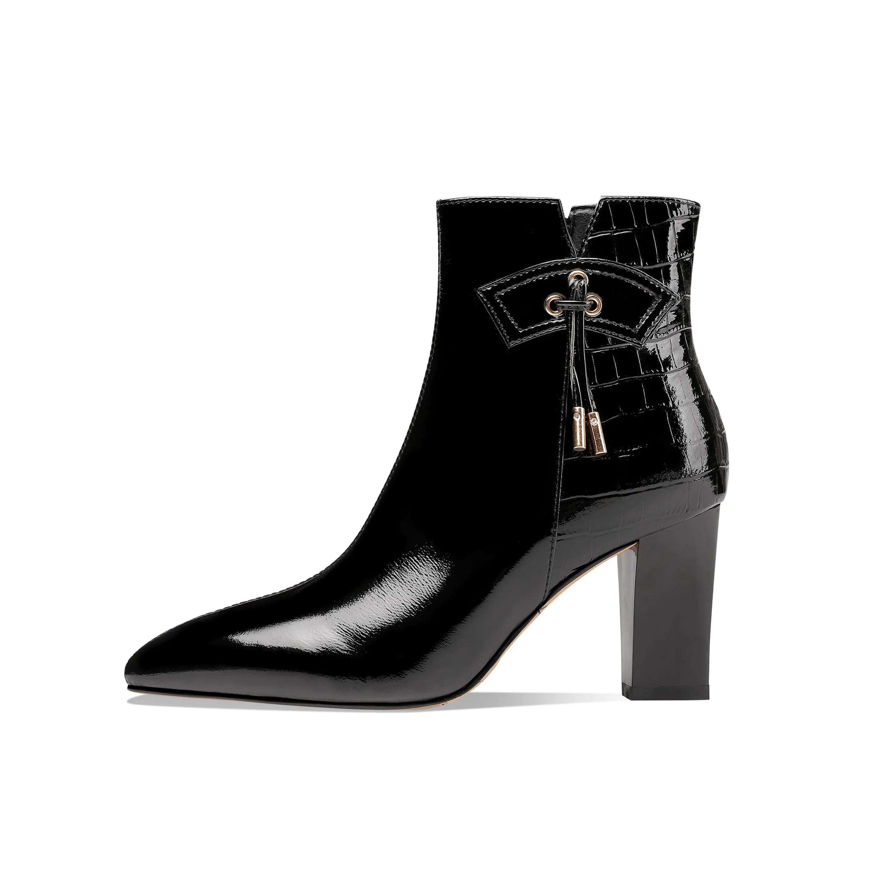 TinaCus Women's Patent Leather Handmade Chunky Heel Pointed Toe Side Zip Up Glossy Ankle Booties