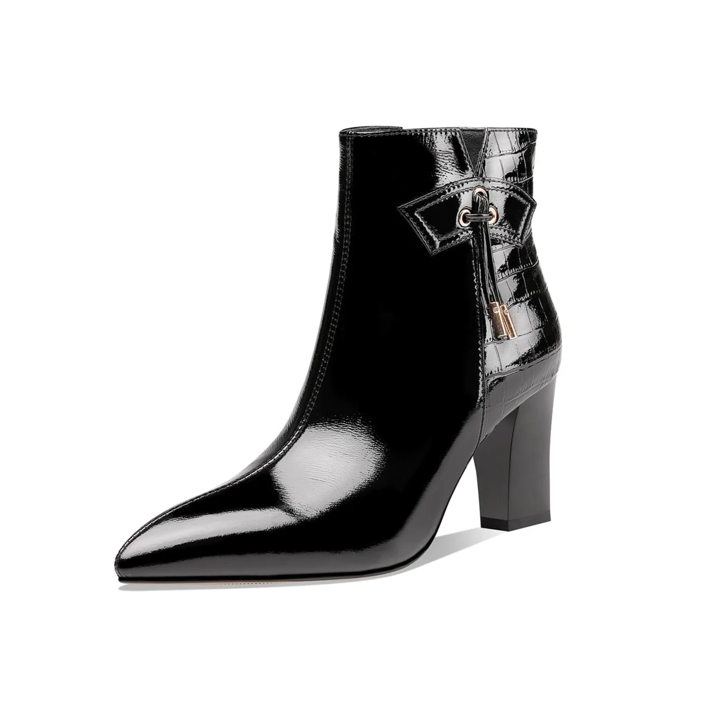 TinaCus Women's Patent Leather Handmade Chunky Heel Pointed Toe Side Zip Up Glossy Ankle Booties