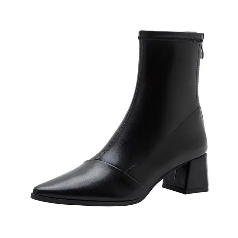 Women's Pointed Toe Ankle Boots – Thick Mid-Heels for Spring, Summer & Autumn Fashion
