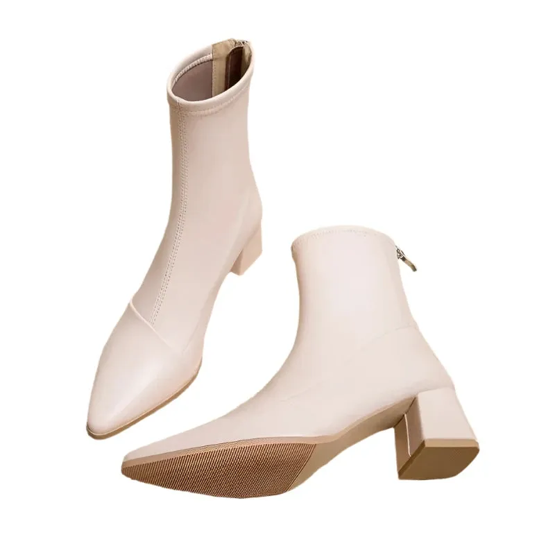 Women's Pointed Toe Ankle Boots – Thick Mid-Heels for Spring, Summer & Autumn Fashion